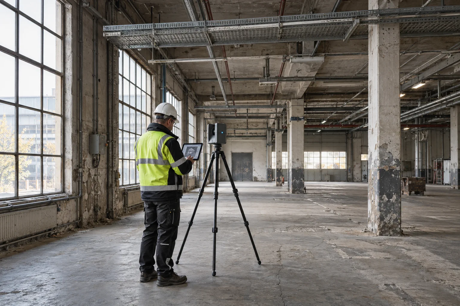 Bestandsaufnahme: Fachmann erfasst eine leergeräumte Industriehalle mit Laserscanner und Tablet