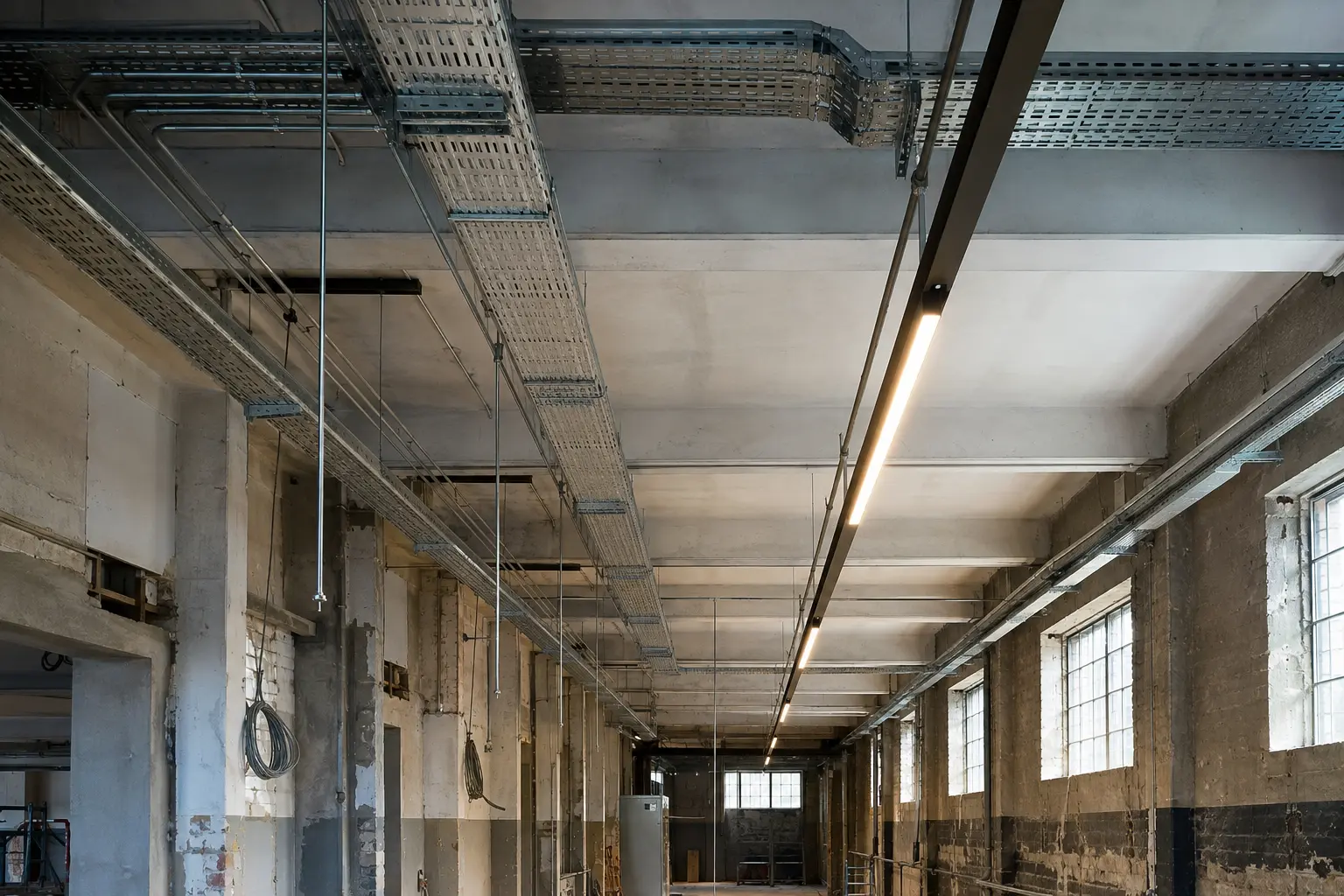 Modernisierte Industriehalle mit neuen Kabeltrassen und Lichtbandleuchten unter der Decke