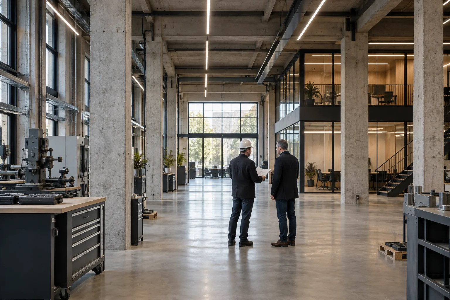 Übergabe: Zwei Personen gehen in einer fertig modernisierten Halle die Abnahmeunterlagen durch