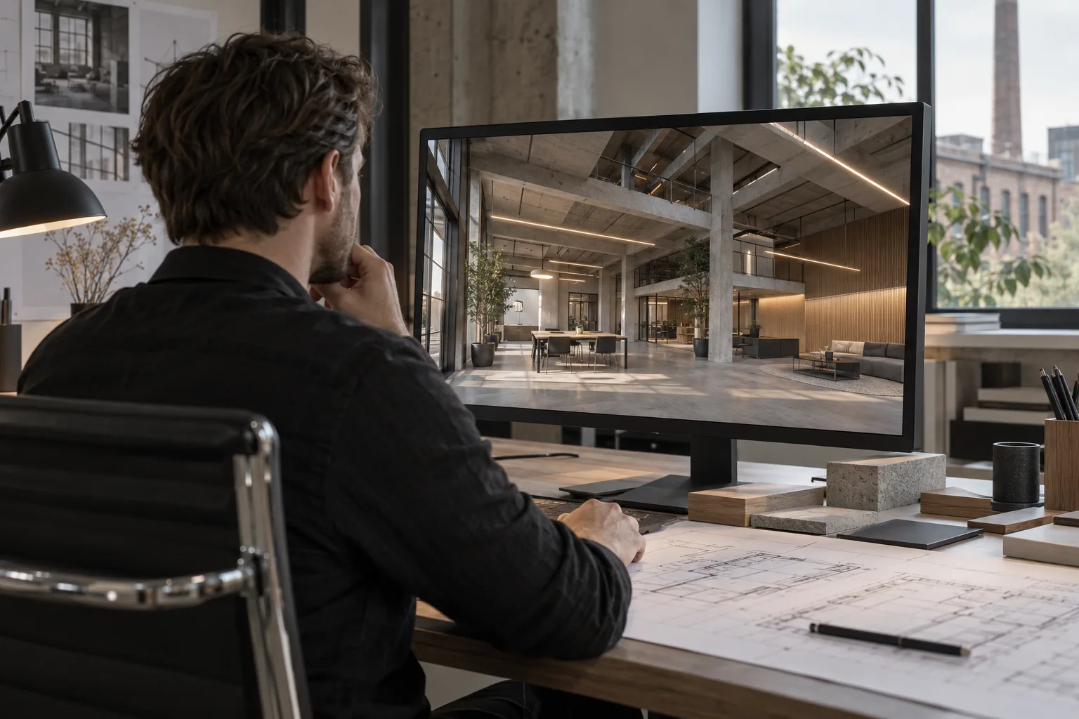 3D-Visualisierung: Planer betrachtet am Bildschirm die räumliche Darstellung eines modernisierten Bestandsgebäudes