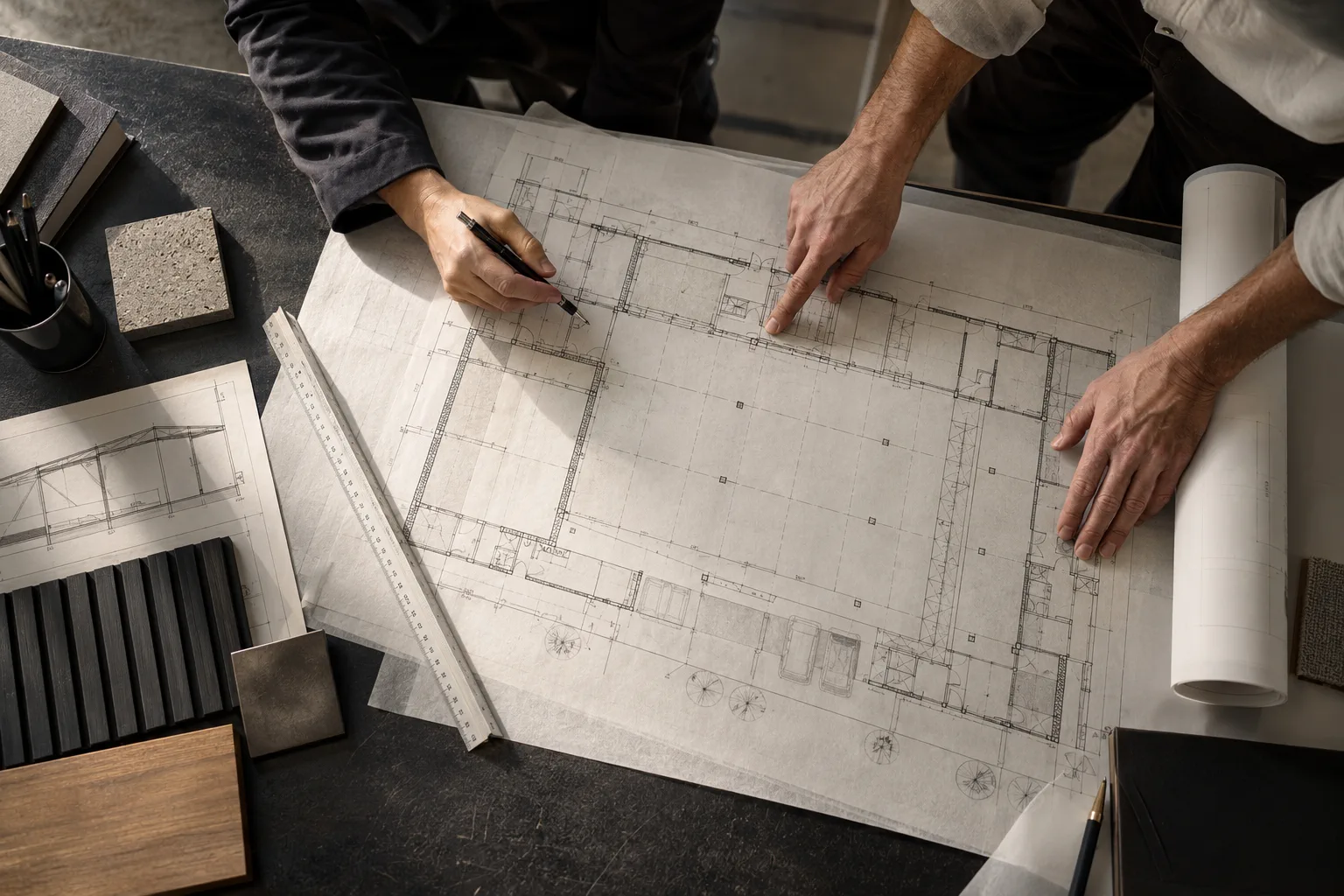 Grundriss: Zwei Personen arbeiten mit Stift und Lineal an einem Bestandsgrundriss auf Papier