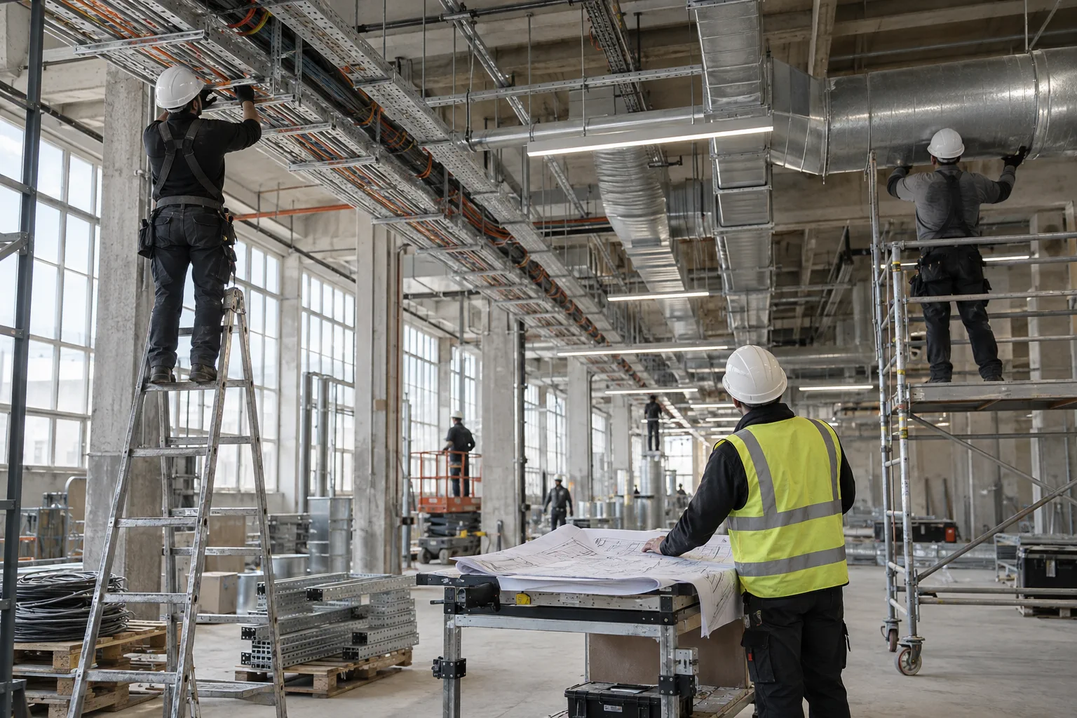 Fachgewerke: Mehrere Gewerke montieren Kabeltrassen und Lüftungskanäle, während die Bauleitung den Plan prüft